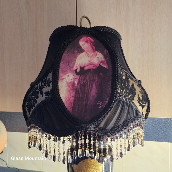 Handcrafted Other - SOLD - Victorian Hand Sewn Woman & Lambs Floral Glass Beaded Fringe Lamp Shade